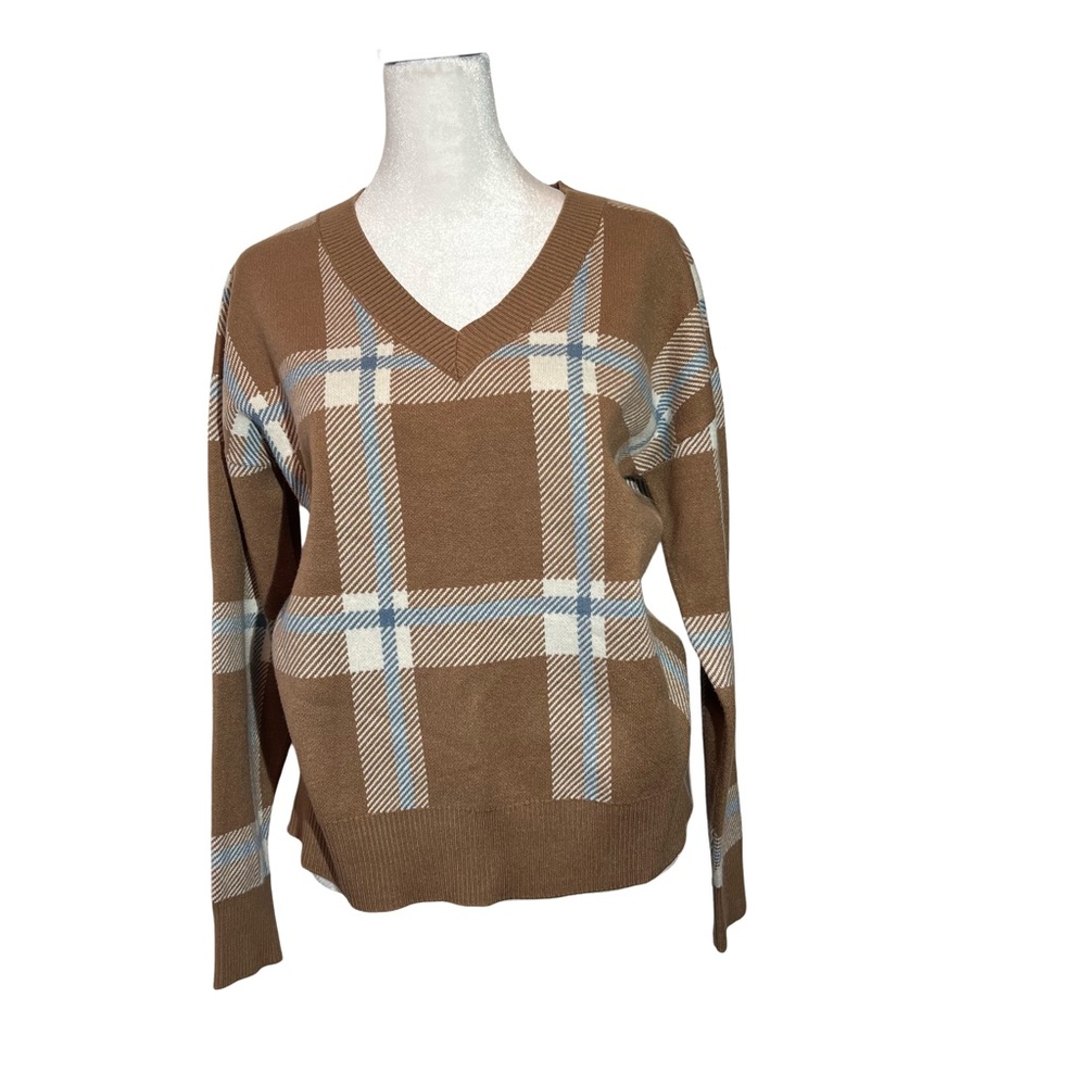 Fall plaid v-neck sweater. Tan, white and slate blue.